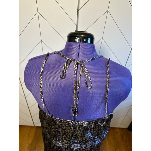 Cecico Womens Large Purple Beige Printed Silky Spaghetti Strap Button Mini Dress - Picture 3 of 9